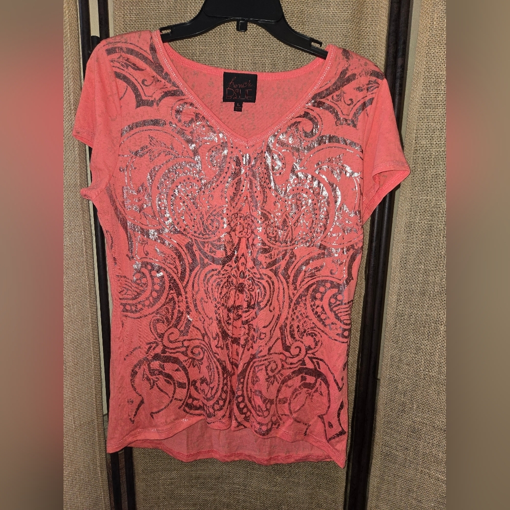 Rench Blue Women's Coral Graphic Women's Top Burn Out Sparkle Size L